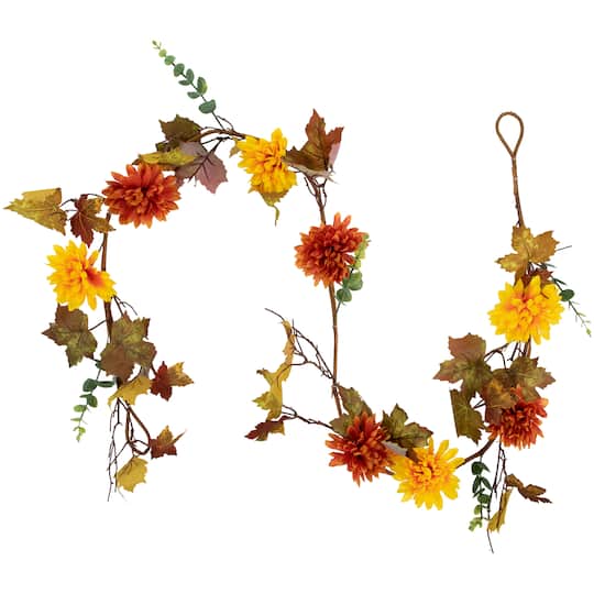 6Ft Unlit Autumn Harvest Thanksgiving Mixed Fall Leaf & Mum Flower Garland By Northlight in Orange | 6 ft | Michaels®
